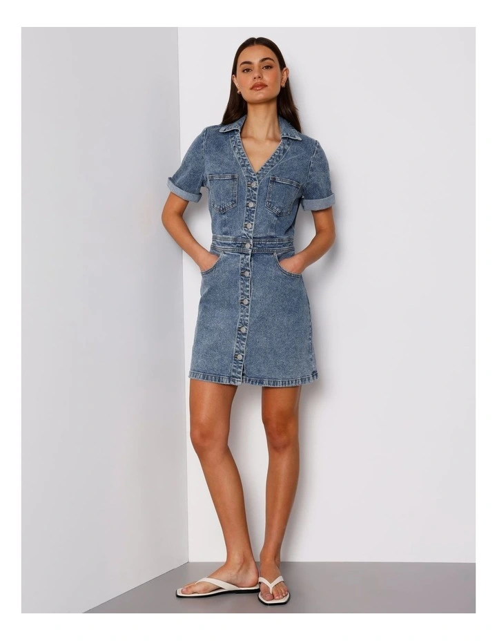 Button Through Denim Mini Dress in Pacific Blue image 1