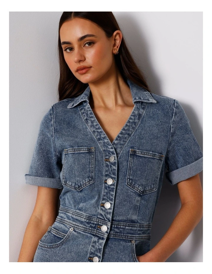 Button Through Denim Mini Dress in Pacific Blue image 2