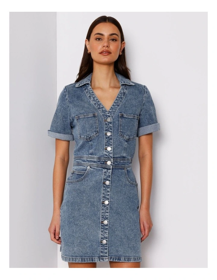 Button Through Denim Mini Dress in Pacific Blue image 4