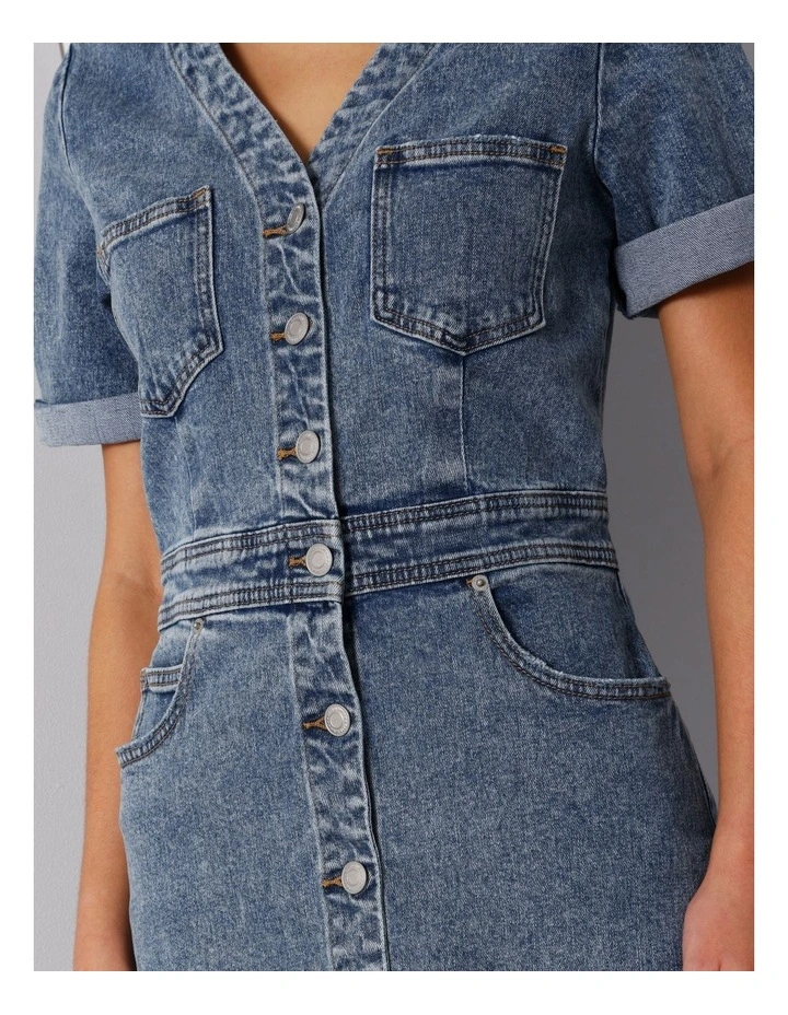 Button Through Denim Mini Dress in Pacific Blue image 5