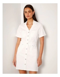 Button Through Denim Mini Dress In Ecru
