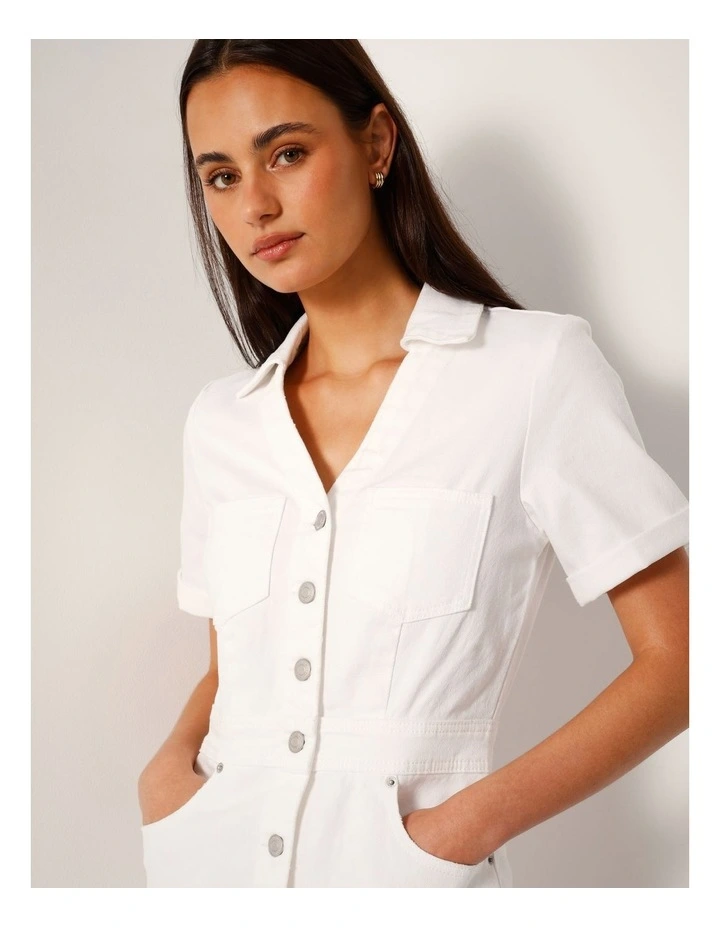 Button Through Denim Mini Dress In Ecru image 2