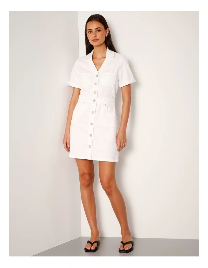 Button Through Denim Mini Dress In Ecru image 3