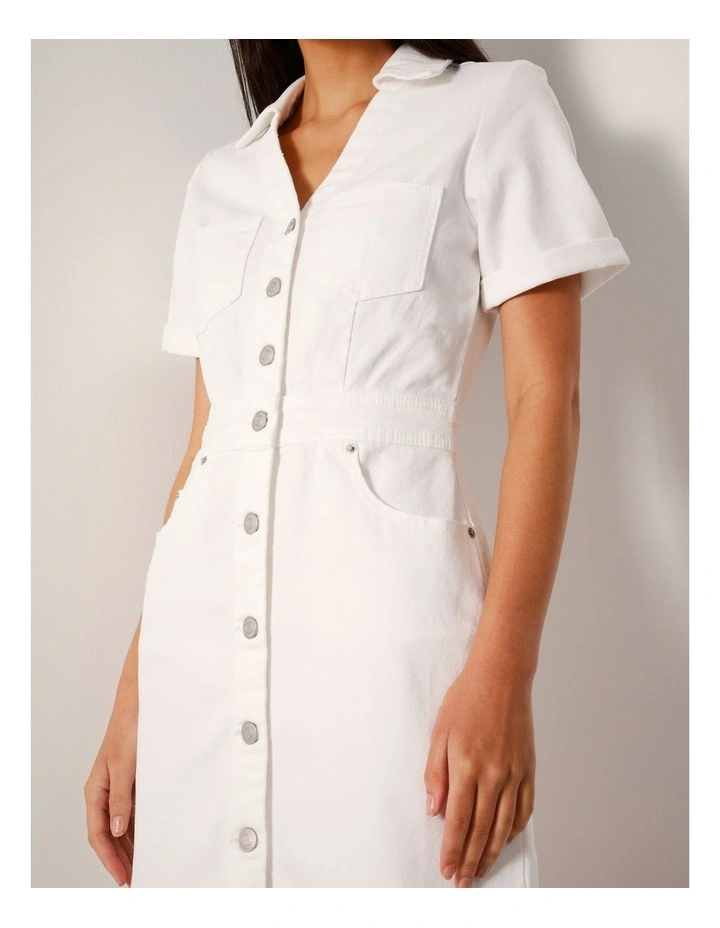 Button Through Denim Mini Dress In Ecru image 4