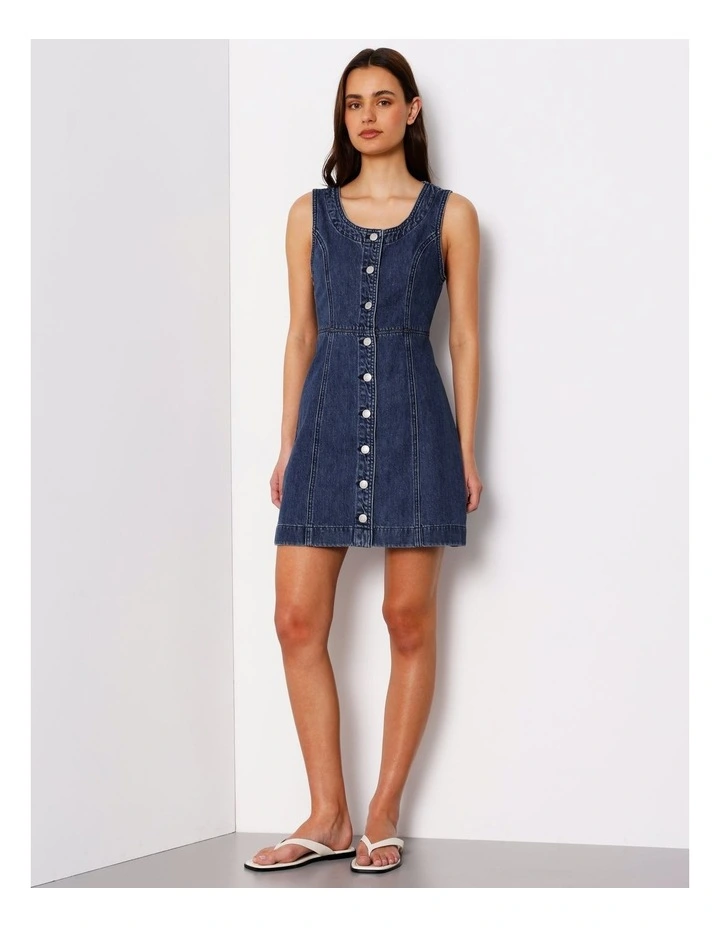 Button Through Denim Tank Dress In Pure Blue image 2