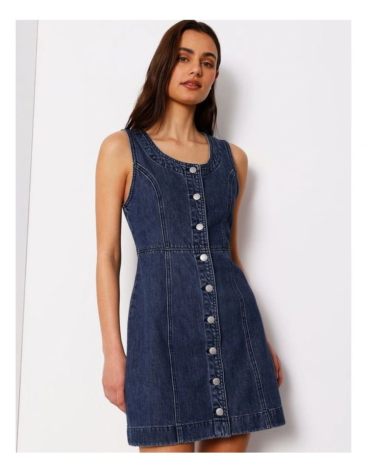 Button Through Denim Tank Dress In Pure Blue image 3