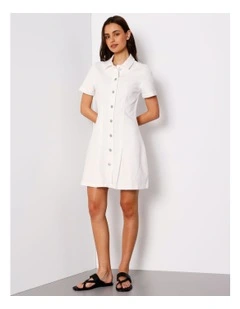 Short Sleeve Box Pleat Denim Dress In Ecru