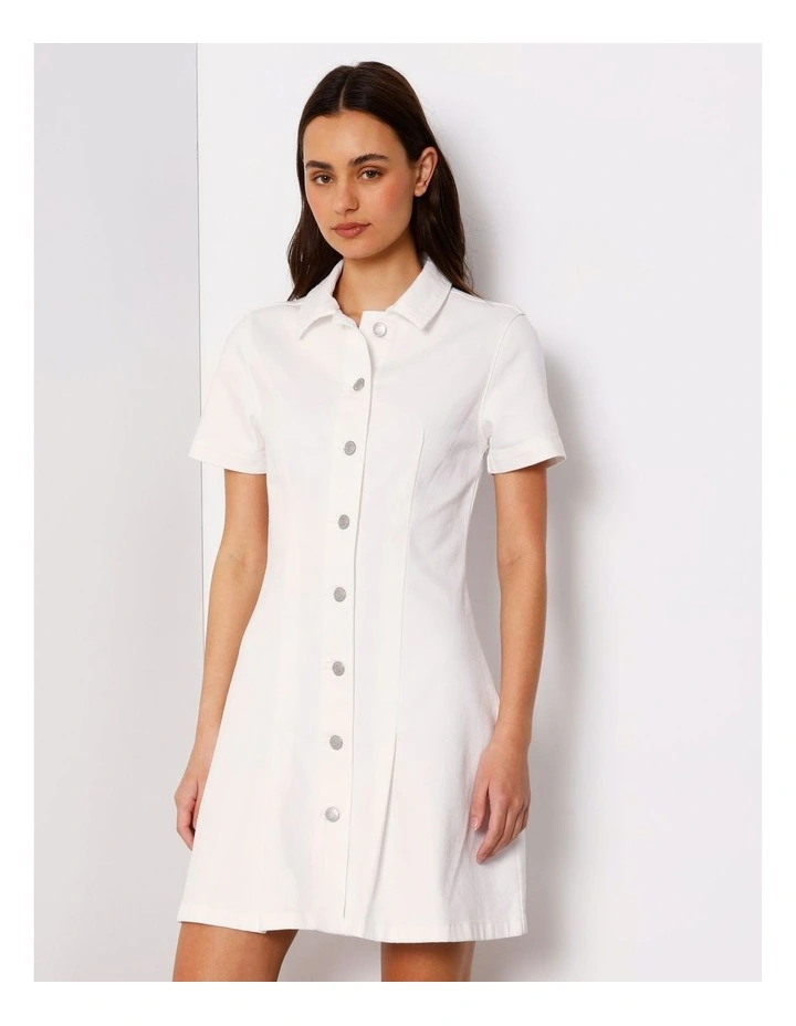 Short Sleeve Box Pleat Denim Dress In Ecru image 2