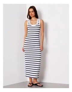 Scoop Neck Rib Midi Dress In Bright White/Blues