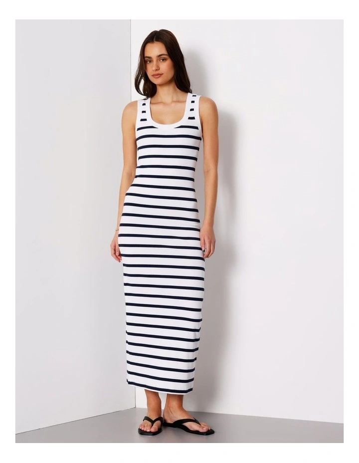 Scoop Neck Rib Midi Dress In Bright White/Blues image 1