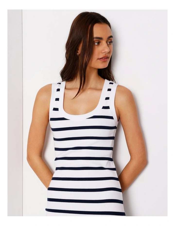 Scoop Neck Rib Midi Dress In Bright White/Blues image 2