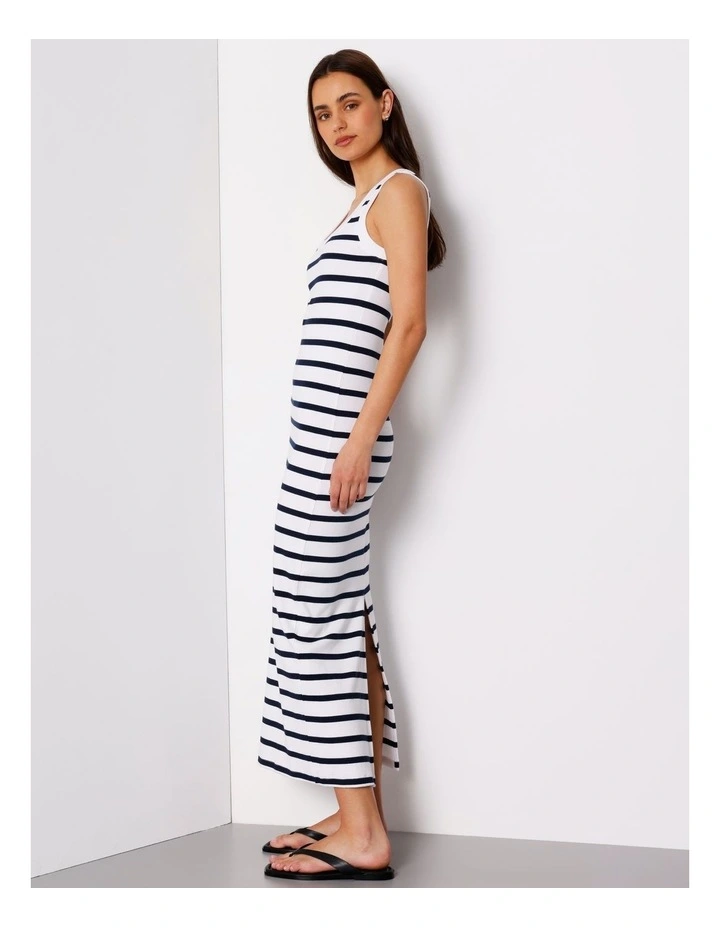 Scoop Neck Rib Midi Dress In Bright White/Blues image 3