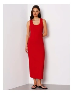 Scoop Neck Rib Midi Dress In Red