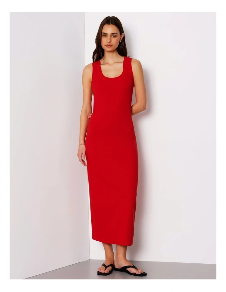 Scoop Neck Rib Midi Dress In Red image 1