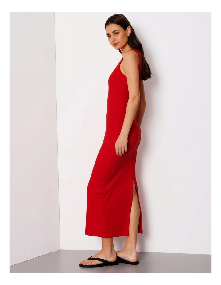 Scoop Neck Rib Midi Dress In Red image 3