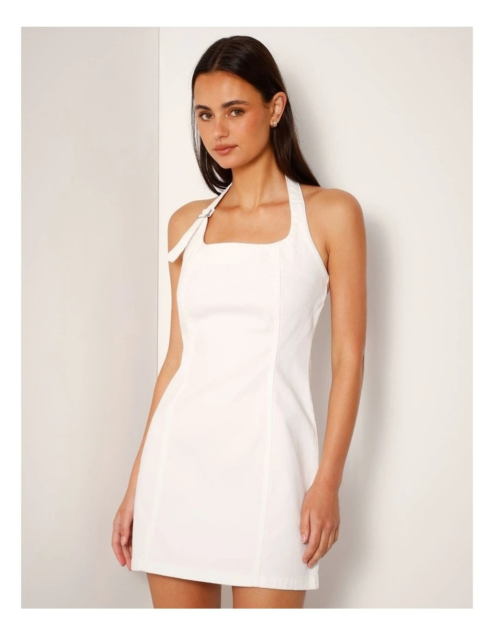 Halter Neck Denim Mini Dress With D-ring In Ecru image 1