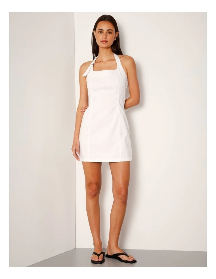 Halter Neck Denim Mini Dress With D-ring In Ecru image 2