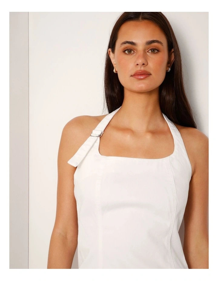 Halter Neck Denim Mini Dress With D-ring In Ecru image 3