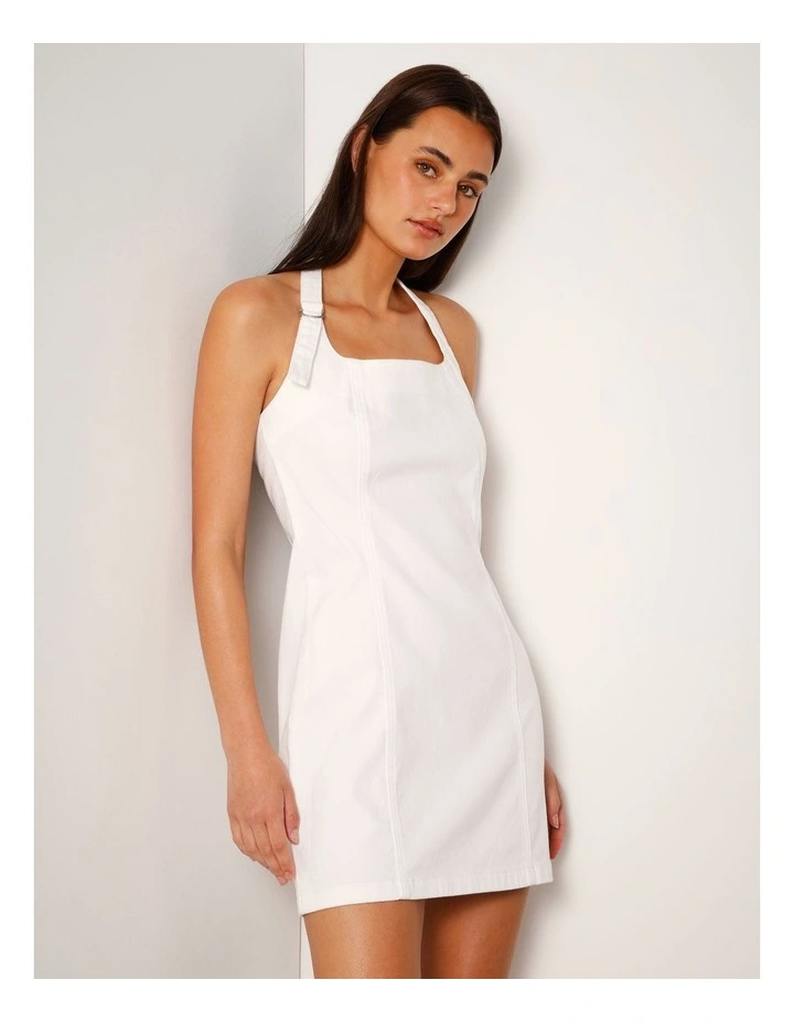 Halter Neck Denim Mini Dress With D-ring In Ecru image 4