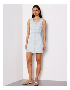 Button Through Denim Tank Dress In Ice Blue