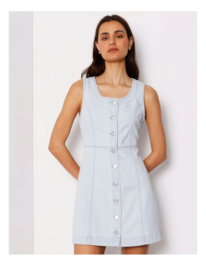 Button Through Denim Tank Dress In Ice Blue image 2