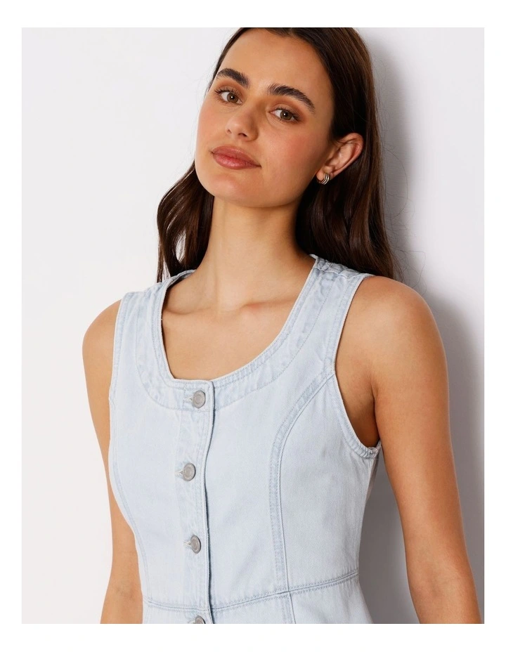 Button Through Denim Tank Dress In Ice Blue image 3