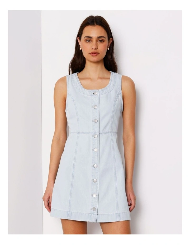 Button Through Denim Tank Dress In Ice Blue image 5