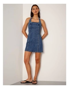 Halterneck Denim Mini Dress With D-ring In Pacific Blue