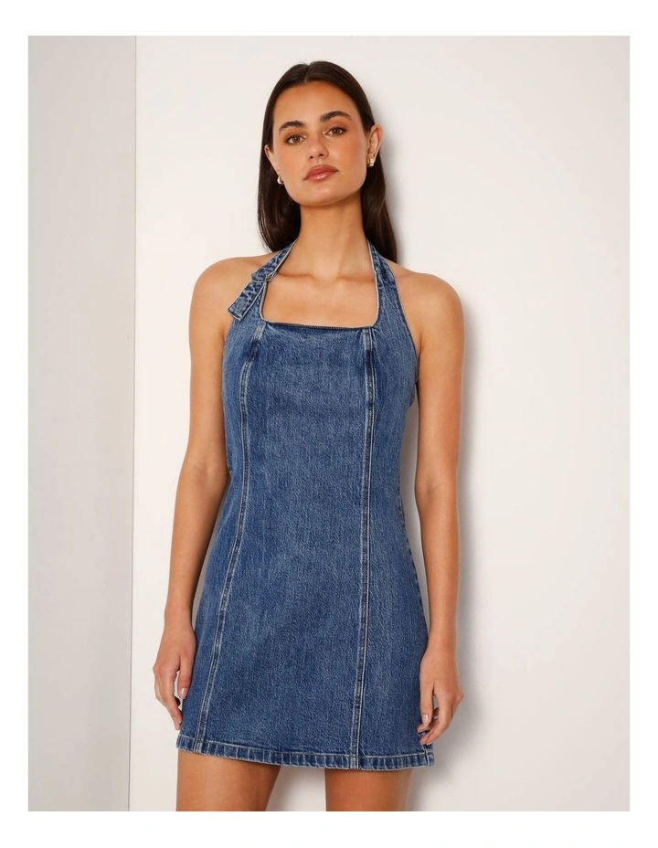 Halterneck Denim Mini Dress With D-ring In Pacific Blue image 2