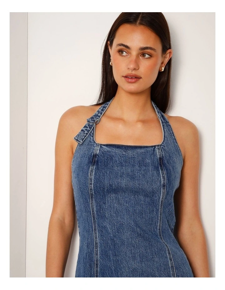 Halterneck Denim Mini Dress With D-ring In Pacific Blue image 3