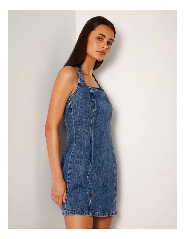 Halterneck Denim Mini Dress With D-ring In Pacific Blue image 4