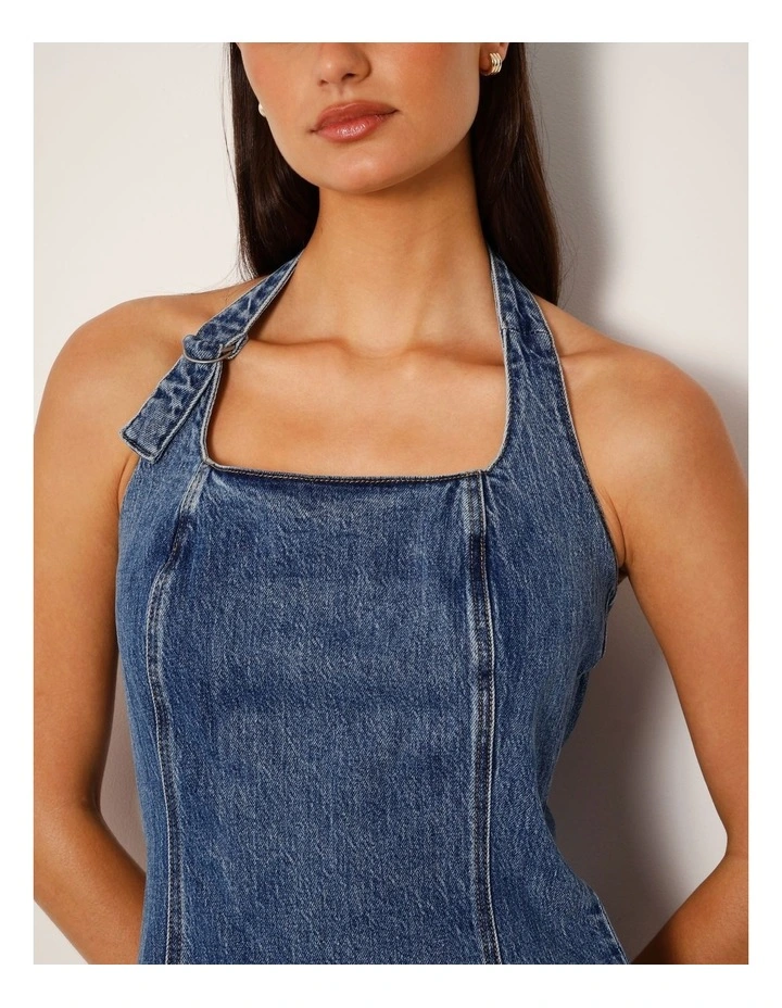 Halterneck Denim Mini Dress With D-ring In Pacific Blue image 5