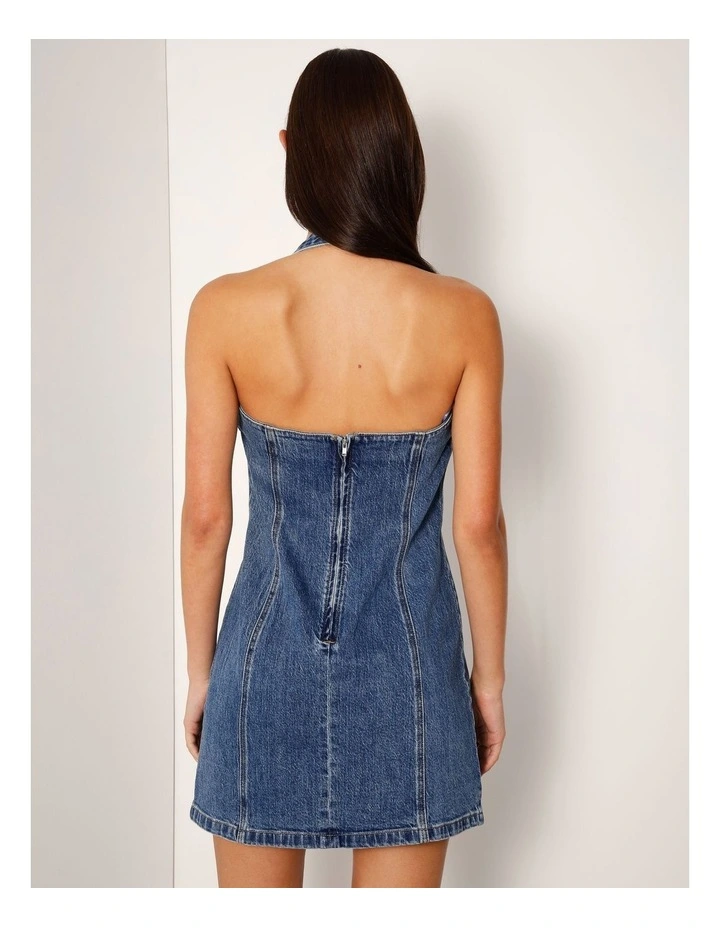 Halterneck Denim Mini Dress With D-ring In Pacific Blue image 6
