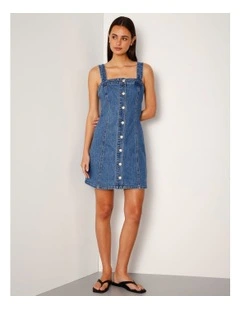 Denim Mini Dress With Removable Straps In Bright Blue
