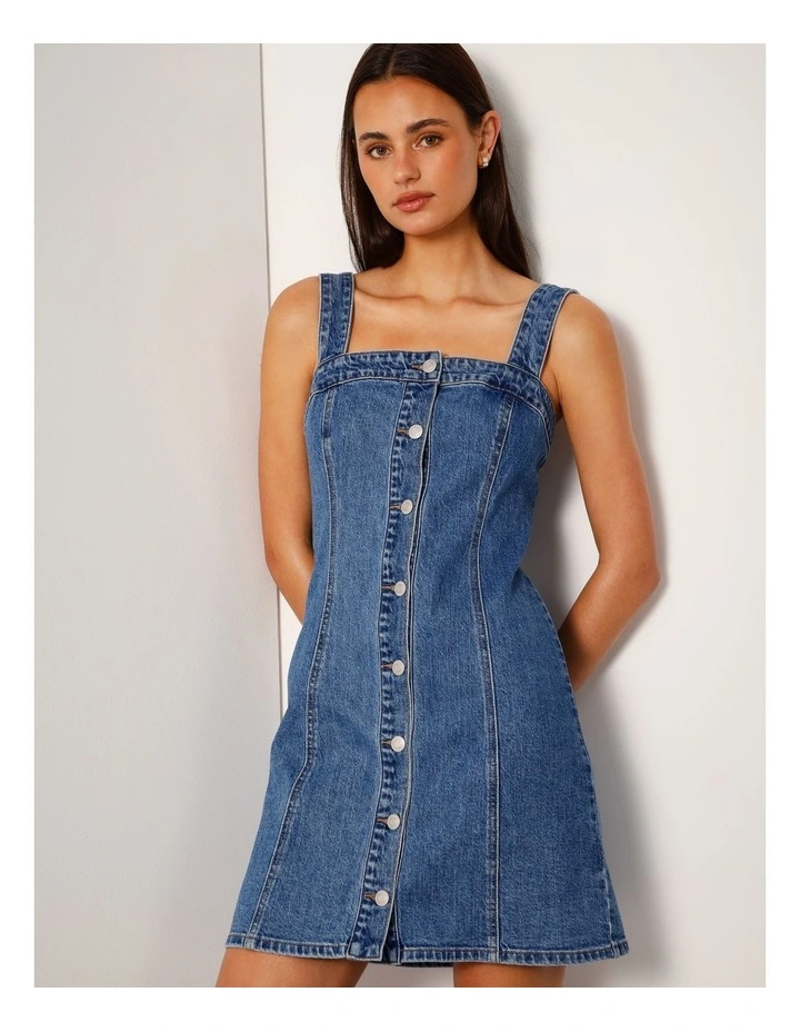 Denim Mini Dress With Removable Straps In Bright Blue image 2