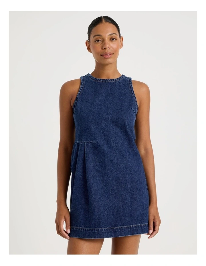 Pleated Shift Dress in Medium Indigo image 2