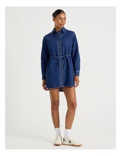 Long Sleeve Shirt Dress in Mid Indigo
