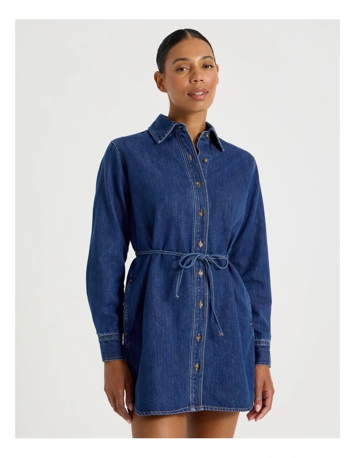 Long Sleeve Shirt Dress in Mid Indigo image 2