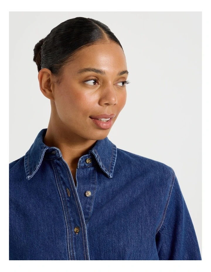 Long Sleeve Shirt Dress in Mid Indigo image 3