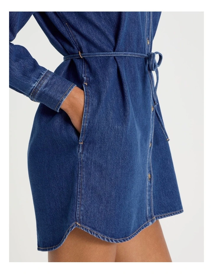 Long Sleeve Shirt Dress in Mid Indigo image 4