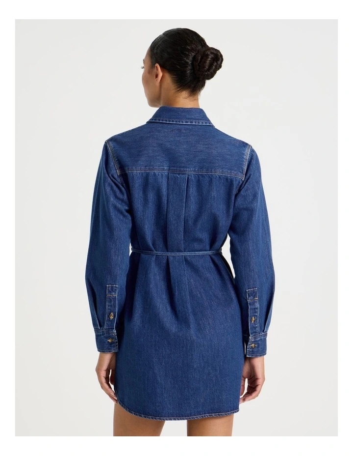 Long Sleeve Shirt Dress in Mid Indigo image 5