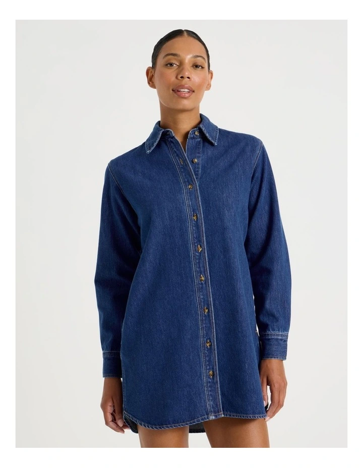 Long Sleeve Shirt Dress in Mid Indigo image 6