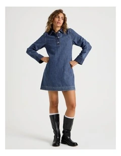 Long Sleeve Dress With Jacquard Panels in Dark Indigo