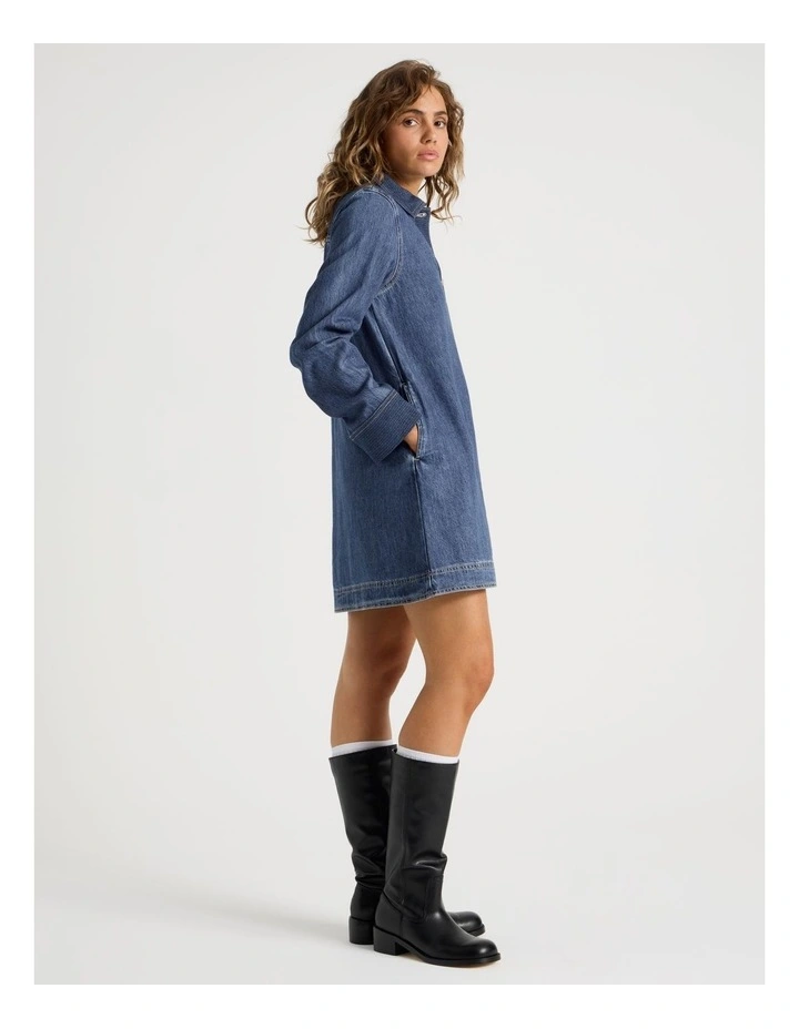 Long Sleeve Dress With Jacquard Panels in Dark Indigo image 2