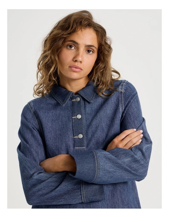 Long Sleeve Dress With Jacquard Panels in Dark Indigo image 3