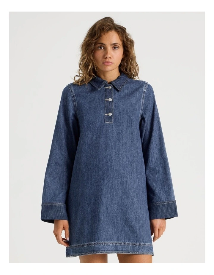 Long Sleeve Dress With Jacquard Panels in Dark Indigo image 5