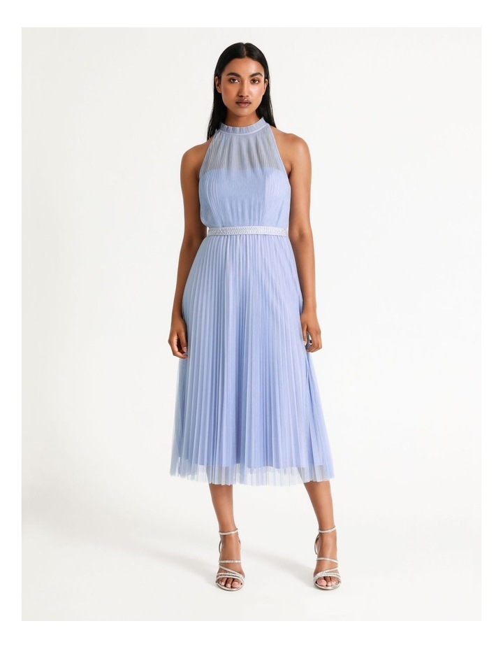 Tulle Embellished Halter Neck Midi Dress Pale Blue