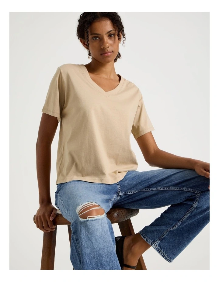 Relaxed Fit V Neck Tee in Oat image 1