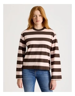 Bell Sleeve Tee in Chocolate & Pink Stripe