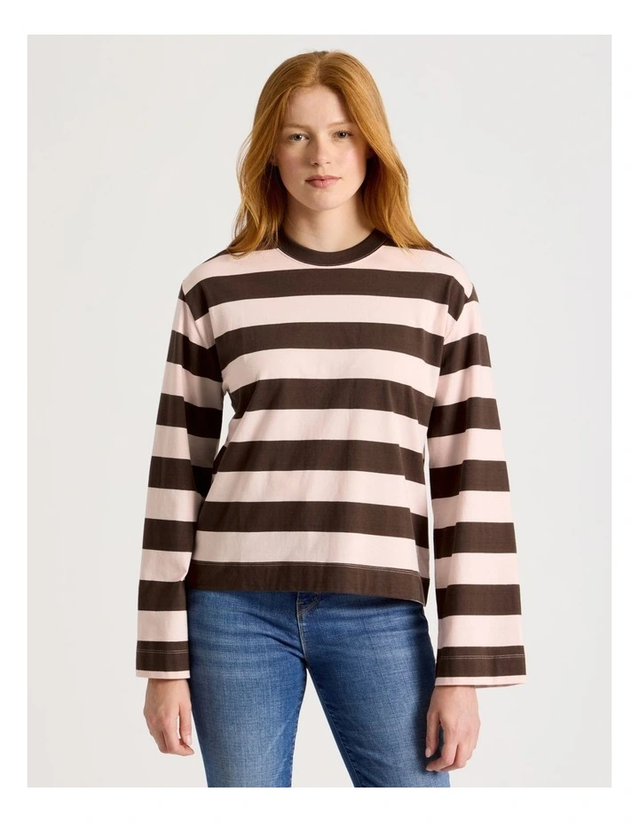 Bell Sleeve Tee in Chocolate & Pink Stripe image 1